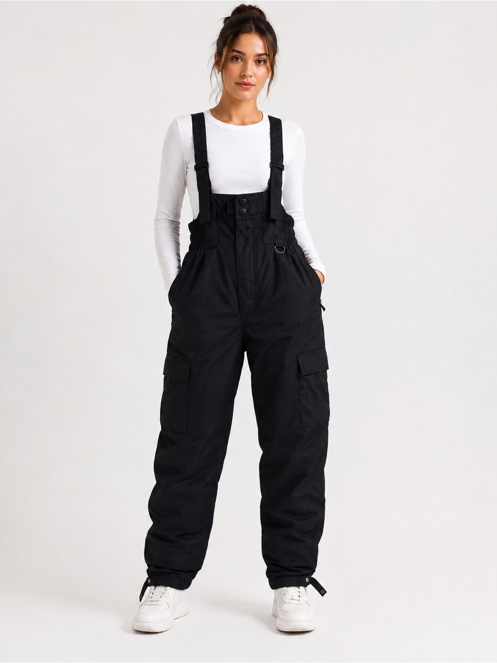 Roffe Black Ski Bib Snow Pants Cargo Utility Winter Overalls XL